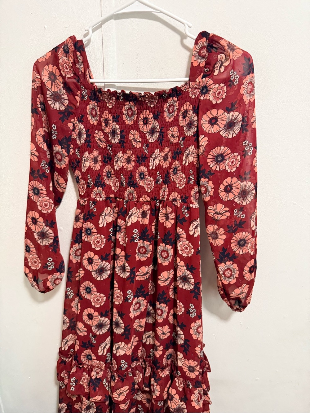 Red Floral Smocked Midi Dress